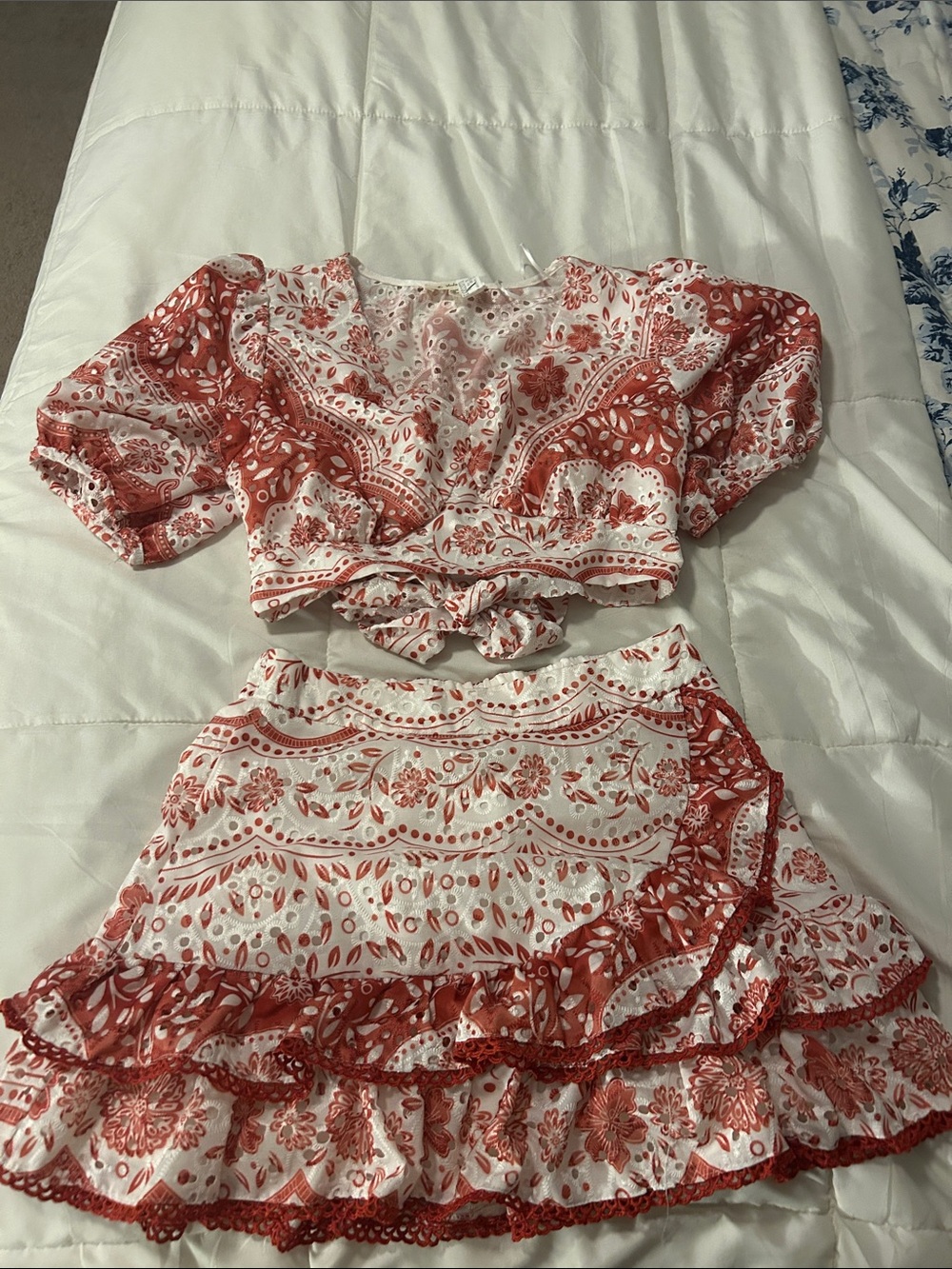 The Vintage Shop Red & White Floral Crop Top with Ruffle Mini Skirt
